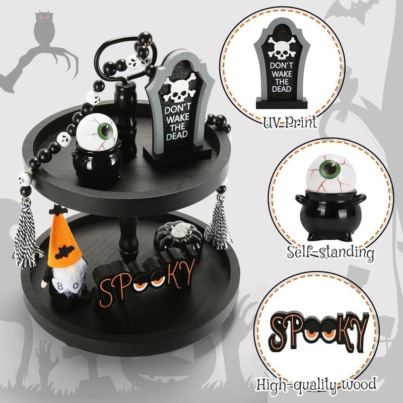 SYNCVIBE Halloween Decorations 6PCS Tiered Tray Decor, Cute Tabletop Halloween Decor for Home Tray Shelf Fireplace Mantel Office Desk Halloween Table Centerpieces Farmhouse Rustic Spooky Wood Signs - Image 3